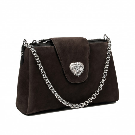 Чанта за жени от рамо 051g 01 велурена тъмно сивкаво-кафява пудра