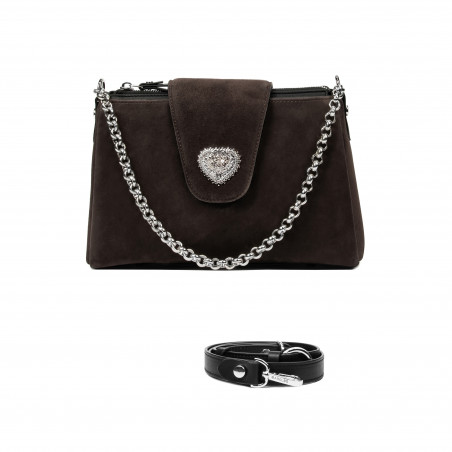 Чанта за жени от рамо 051g 01 велурена тъмно сивкаво-кафява пудра